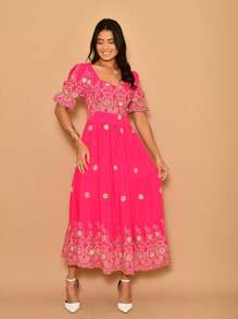 Lese 3D Embroidered Cotton Short Sleeve Midi Dress - 玫紅色 - 查看 5