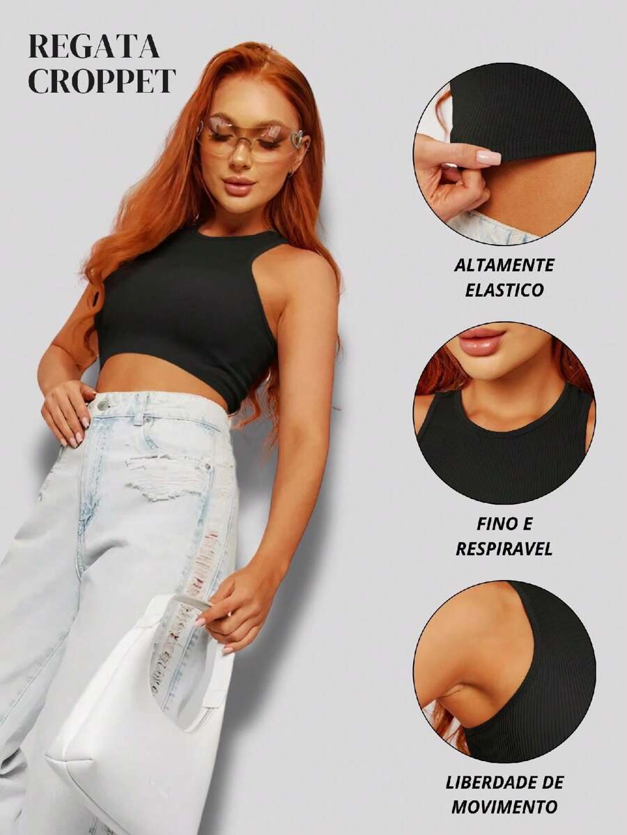 Women's Cropped Tank Top In Soft Ribbed Polyamide Elegant Design For Your Day - màu đen - Xem 1