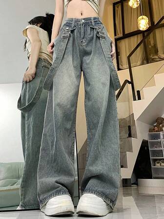可拆卸帶復古寬鬆牛仔寬腿褲，高腰遮肉