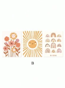 6 件波西米亞風牆藝術彩虹愛心帆布畫向日葵印刷圖片陽光壁畫熊畫海報苗圃牆壁海報女嬰臥室裝飾無框 - 杏色 - 查看 9