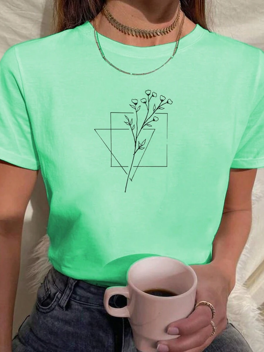 Camiseta Feminina Babylook T Shirt 100% Algodão Flores Minimalistas Quadrado Triângulo Moldura - Verde Menta - Visão 1