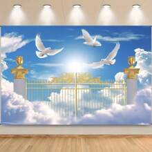 1 pieza, Fondo con puerta de cielo, Puerta del paraíso, Fondo de fotografía para , Cartel, Escaleras al cielo, Cielo azul, Nubes blancas, Paloma de la paz, Decoración para eventos de Pascua, Suministros para fiestas, Decoración de cumpleaños - Multicolor - Ver 1