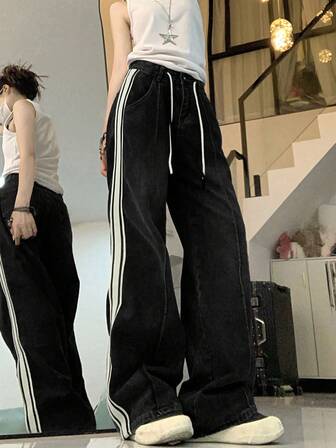 女式休闲百搭撞色条纹抽绳腰牛仔裤