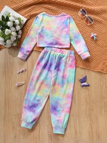 2pcs/Set Young Girl Round Neck Long Sleeve Tie-Dye T-Shirt And Elastic Waist Straight Casual Pants, Spring/Autumn Sportswear Fashion Set