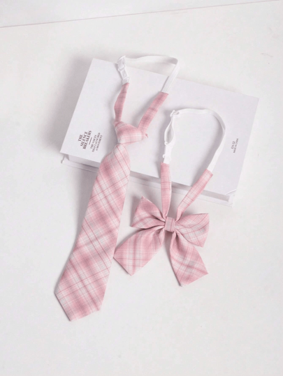 1 Pair Plaid School Necktie & 1pc Decorative Bowtie For Girl, For Christmas
