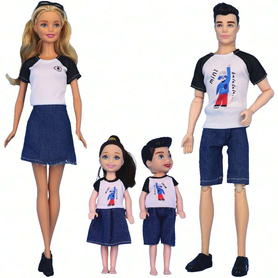 Set de 4 piezas de ropa de mezclilla para familia de 4 miembros para Barbies de 11 pulgadas (29-32 cm) de pareja/familia, sin incluir las muñecas ni los zapatos, regalo festivo