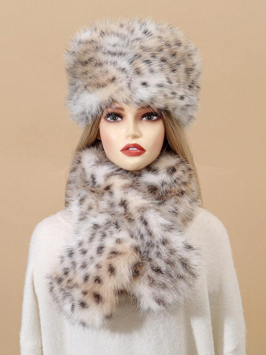 1 套时尚经典豹纹蓬松柔软蓬松户外保暖休闲便帽和围巾 - A - 查看 1