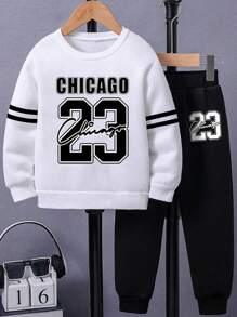 Tween Boy Letter Print Crew Neck Sweatshirt And Straight Leg Casual Sweatpants Set