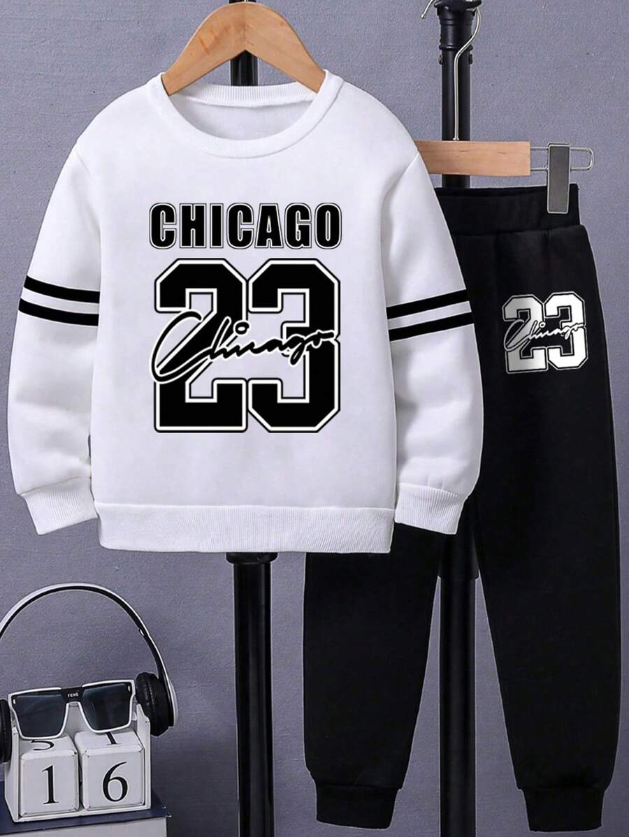 Tween Boy Letter Print Crew Neck Sweatshirt And Straight Leg Casual Sweatpants Set