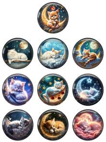 OMGALA 10 件 12 毫米/20 毫米/25 毫米可爱猫咪与月亮彩色绘画 10 件混合圆形照片玻璃凸圆形宝石演示平底制作配件 - Round - 查看 1