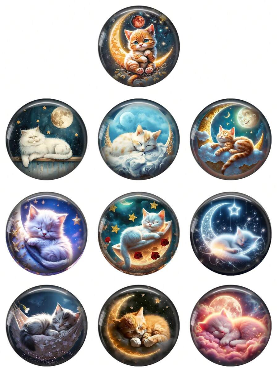 OMGALA 10 件 12 毫米/20 毫米/25 毫米可爱猫咪与月亮彩色绘画 10 件混合圆形照片玻璃凸圆形宝石演示平底制作配件 - Round - 查看 1