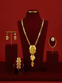 Yiyi Gold-Colored Copper Fashionable And High-End Luxury Retro Jewelry Set For Women,18K Gold Plated Elegant Luxury Square Design Necklace, Earrings, Bracelet, Ring For Women, Suitable For Nigeria, Dubai, Middle East, Saudi Arabia Bridal Wedding, Daily Wear, Wedding Anniversary Gift, Halloween Gift For Friends - Gold - View 5