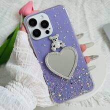 1pc Pink Starry Glitter Rhinestone Teddy Bear Heart Design Phone Case Compatible With IPhone 15 Pro Max, 14 Pro Max, 13 Pro Max, 12 Pro Max, 11 Pro Max, XS Max, Compatible With Samsung S23, S22, S21, Compatible With OPPO A54, Compatible With Vivo Y21, Compatible With Redmi Note 9, Compatible With Huawei P50,International Version, Not The Domestic Version - Pink - View 1