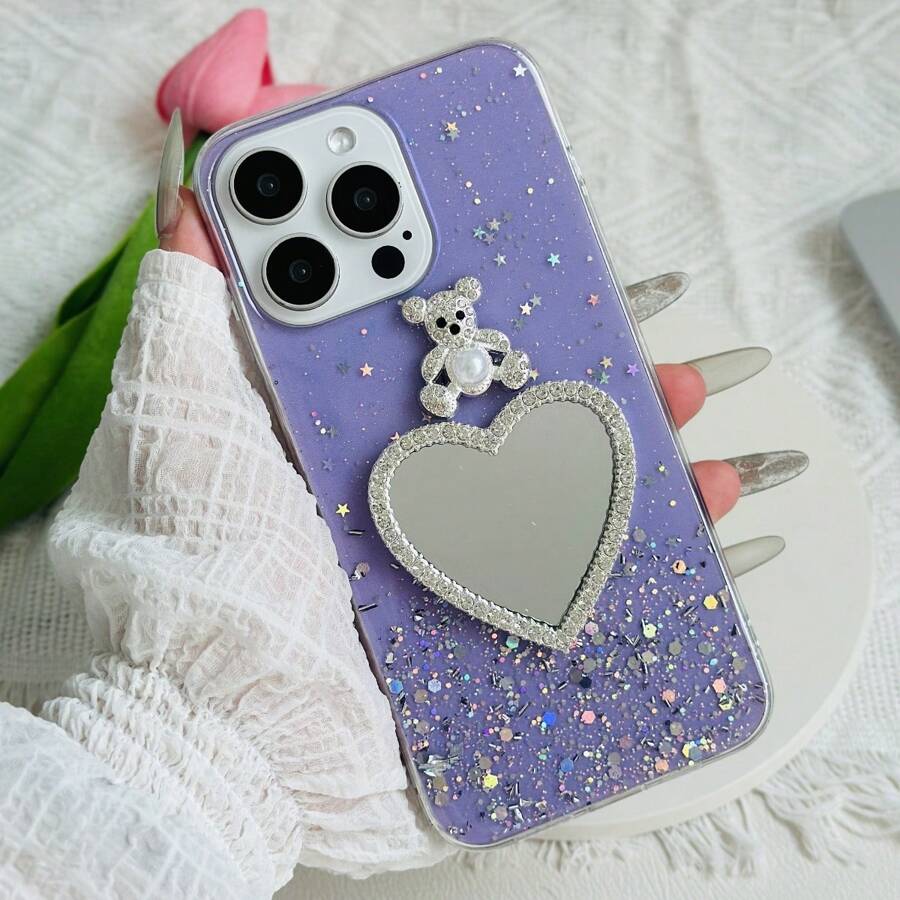 1pc Pink Starry Glitter Rhinestone Teddy Bear Heart Design Phone Case Compatible With IPhone 15 Pro Max, 14 Pro Max, 13 Pro Max, 12 Pro Max, 11 Pro Max, XS Max, Compatible With Samsung S23, S22, S21, Compatible With OPPO A54, Compatible With Vivo Y21, Compatible With Redmi Note 9, Compatible With Huawei P50,International Version, Not The Domestic Version - Pink - View 1