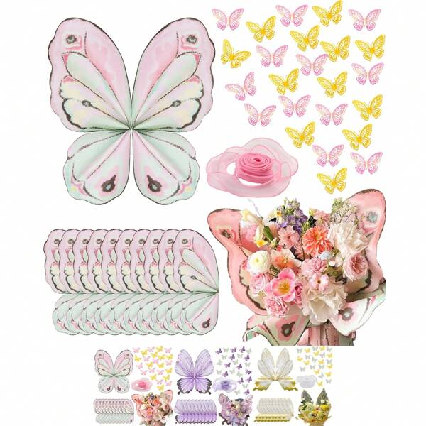 35pcs/Set  Waterproof Butterfly Wings Shaped Bouquet Wrapping Paper,10 Butterfly Wrapping Paper, 24 3D Butterflies,1 Ribbons For  Wedding Graduation Birthday Flower Shop DIY Craf
