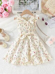 夏季少女优雅淑女花卉印花连衣裙 - 杏色 - 查看 1
