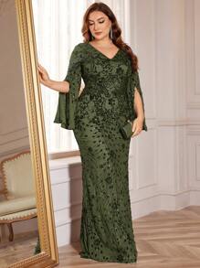 High Quality Elastic Sequin Decor Figure-Hugging Plus Size V-Neck Long Sleeve Split Sleeve Elegant Formal Evening Gown Dress For Mother (Heavy Embroidery), Prom Dress, For Wedding Guest, Graduation, Dinner Party Dress - 橄欖綠 - 查看 5