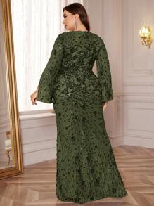 High Quality Elastic Sequin Decor Figure-Hugging Plus Size V-Neck Long Sleeve Split Sleeve Elegant Formal Evening Gown Dress For Mother (Heavy Embroidery), Prom Dress, For Wedding Guest, Graduation, Dinner Party Dress - 橄欖綠 - 查看 3