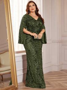 High Quality Elastic Sequin Decor Figure-Hugging Plus Size V-Neck Long Sleeve Split Sleeve Elegant Formal Evening Gown Dress For Mother (Heavy Embroidery), Prom Dress, For Wedding Guest, Graduation, Dinner Party Dress - 橄欖綠 - 查看 6