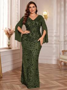 High Quality Elastic Sequin Decor Figure-Hugging Plus Size V-Neck Long Sleeve Split Sleeve Elegant Formal Evening Gown Dress For Mother (Heavy Embroidery), Prom Dress, For Wedding Guest, Graduation, Dinner Party Dress - 橄欖綠 - 查看 1