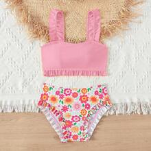 2024 New Tween Girls' Floral Print Ruffle Trim Cute Bikini Set Summer Beach - Pink - View 1