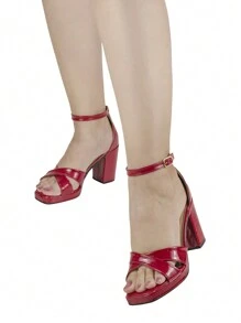 Women's Half Paw Sandal Holographic Metallic Square Heel - 紅色 - 查看 1