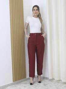 Refreshing Plain Tailor Women's Pants With Button - Maxma 6631 - Burgundy - View 1