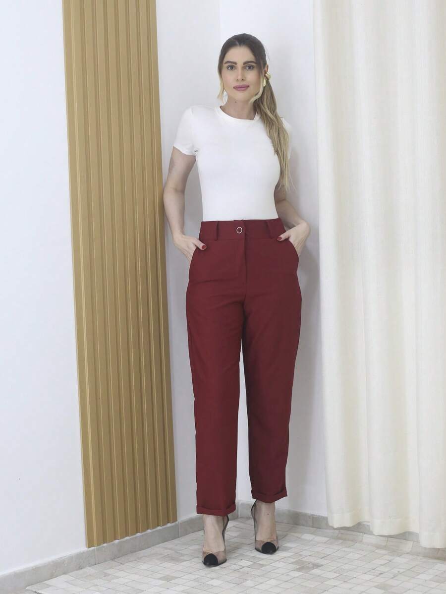 Refreshing Plain Tailor Women's Pants With Button - Maxma 6631 - Burgundy - View 1