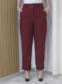 Refreshing Plain Tailor Women's Pants With Button - Maxma 6631 - Burgundy - View 2