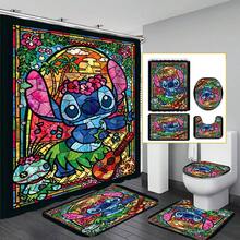 1/4 件缝制卡通图案浴帘套装，防水浴帘，带 12 个挂钩，防滑浴室垫，U 型马桶垫，马桶垫，浴室装饰配件 - 彩色 - 查看 12