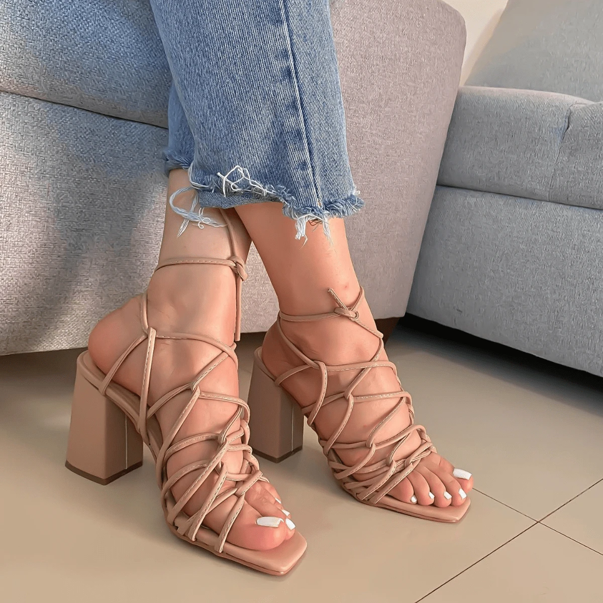 Zapatillas Sandalia De Tacón Mujer De Tiras Con Lazo Zapatillas Mujer