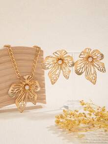 3pcs Gothic Exaggerated Flower Earrings, Necklace Jewelry Set, Gift For Women - Yellow Gold - View 2
