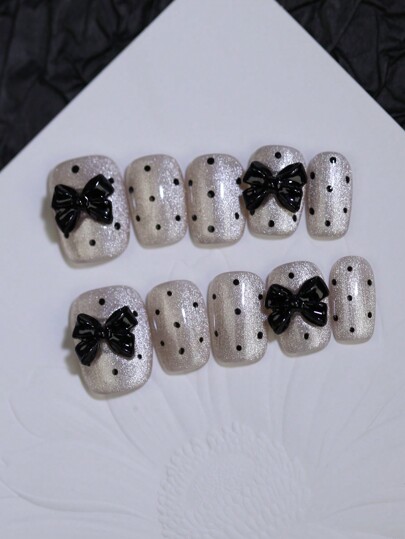 100% Handmade Press On Nails Vintage Polka Dots Nude Khaki Cat'S Eye Manual Nails With Black Bow Knots Nail Charms Decoration 10Pcs Short Square Reusable Fake Tips Stickers For Nail Art Design Four Seasons Nail Supplies Nails