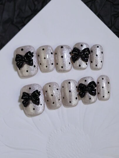 100% Handmade Press On Nails Vintage Polka Dots Nude Khaki Cat'S Eye Manual Nails With Black Bow Knots Nail Charms Decoration 10Pcs Short Square Reusable Fake Tips Stickers For Nail Art Design Four Seasons Nail Supplies Nails