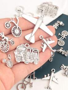 20 件随机混合交通工具饰品，包括飞机、自行车、电动车、火车、太空科技、外星人可爱风格珠宝 DIY 吊坠 - 復古銀色 - 查看 11
