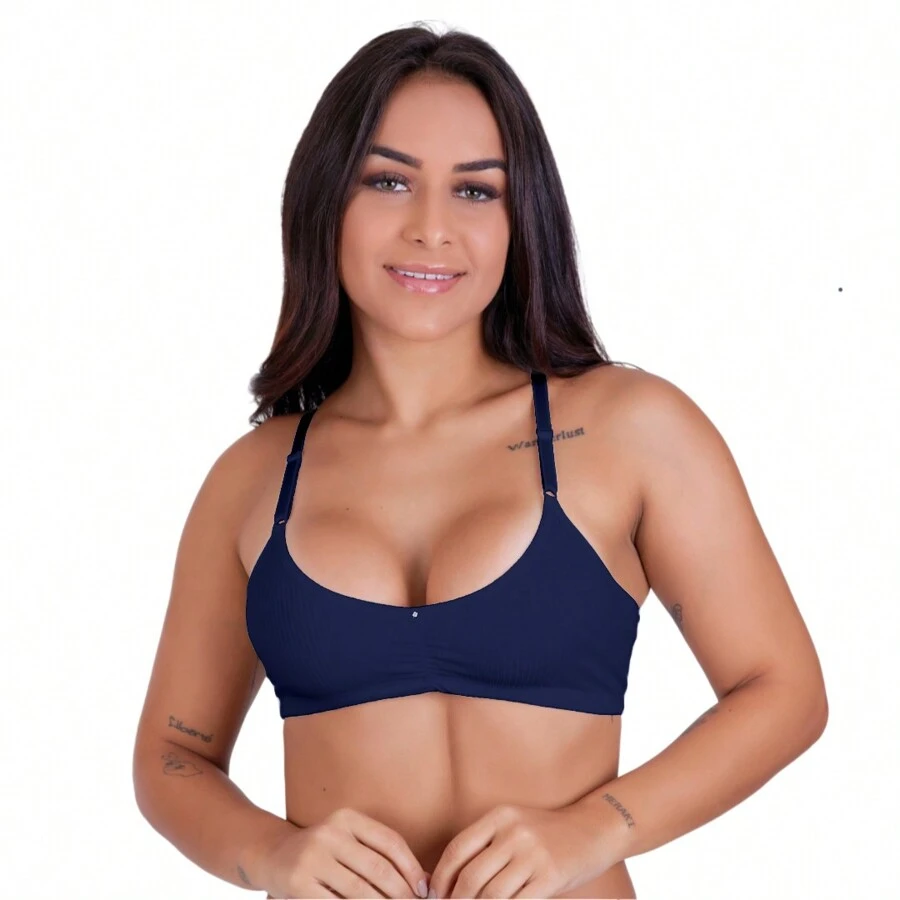 Ribbed Bra Without Pad Soft Bra Fashion Intimates Microfiber Lingerie Comfort Ruched Detail - Màu xanh hải quân - Xem 1