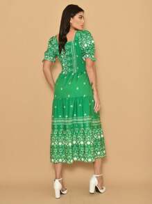 Helena Crepe Printed Midi Dress With Short Sleeves - Green - View 3