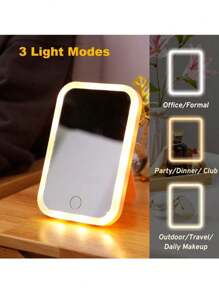 1pc Square LED Lighting Makeup Mirror, Smart Touch Screen, Portable Travel Mirror With Fill Light Best Gifts Birthday - Pink - View 3