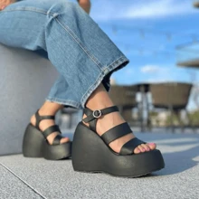 Plataformas Tacón Corrido Sandalias de Mujer con plataforma alta corridas Plataformas Suela Corrida Tiras Gruesas - Negro - Ver 3