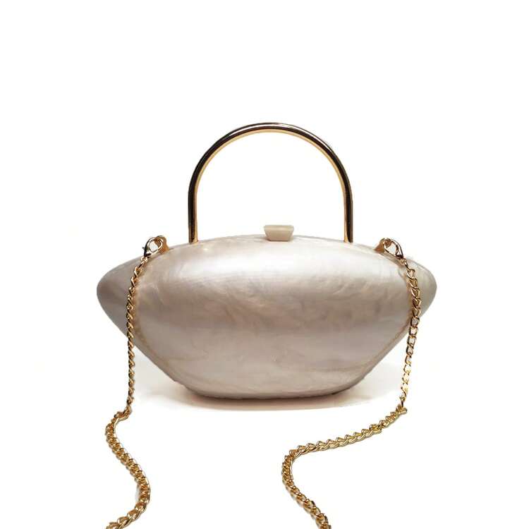 Bolso de noche con forma de almeja y color perlado, de acrílico minimalista y lindo, con pequeña correa dorada para mujer, perfecto para regalos de bodas, fiestas y graduaciones - Beis - Añade 1