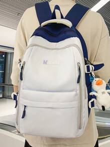 1 件蓝白尼龙休闲学院风大容量可折叠防水多口袋拉链背包（无配件），适合青少年、初中/高中、大学生、日常、通勤、购物、旅行、返校和毕业礼物 - 藍白色 - 查看 6