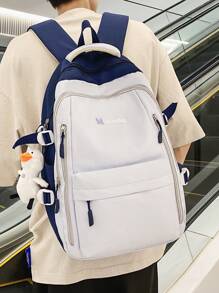 1 件蓝白尼龙休闲学院风大容量可折叠防水多口袋拉链背包（无配件），适合青少年、初中/高中、大学生、日常、通勤、购物、旅行、返校和毕业礼物 - 藍白色 - 查看 5