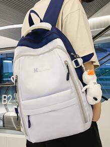 1 件蓝白尼龙休闲学院风大容量可折叠防水多口袋拉链背包（无配件），适合青少年、初中/高中、大学生、日常、通勤、购物、旅行、返校和毕业礼物 - 藍白色 - 查看 4