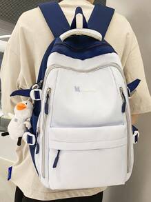 1 件蓝白尼龙休闲学院风大容量可折叠防水多口袋拉链背包（无配件），适合青少年、初中/高中、大学生、日常、通勤、购物、旅行、返校和毕业礼物 - 藍白色 - 查看 3