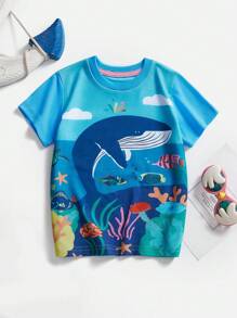 小男孩卡通鯨魚印花透氣夏季休閒短袖T恤