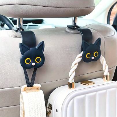 2 piezas Ganchos para reposacabezas de asiento de automóvil con diseño de gato de dibujos animados 3D, colgadores universales para vehículos, organizador de almacenamiento para automóvil para bolsos, abrigos y cosas lindas para automóviles
