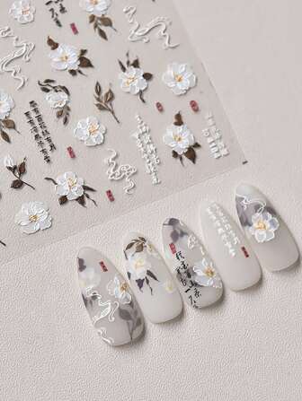 5D witte Camellia bloem zelfklevende nagelkunststicker Retro nageldecoratiestickers DIY folie kunstmanicure