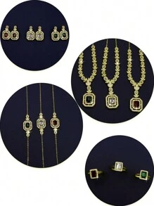 5pcs 18K Gold Plated Luxury Royal Style Square Tassel Design Bridal Wedding Jewelry Set, Including Necklace, Bracelet, Earrings, Ring, Handcrafted With White & Green Cubic Zirconia, Suitable For Daily Wear And Wedding Ceremony, Wedding Anniversary Gift - Bridal Set - View 10