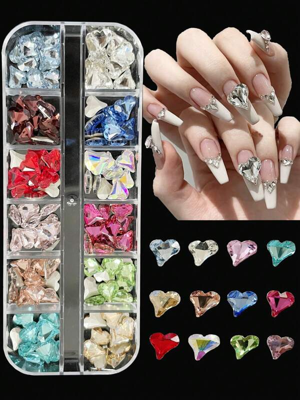 12-Grid/120pcs Moonstone Color 3d Heart Shape Rhinestone Nail Art Decoration With Pointy Bottom For Diy Nail Charms Nail Gems Nail Supplies