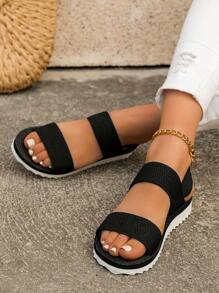 Damen einfache gewebte Plattform Keilsandalen mit elastischem Band - Schwarz und Weiss - Übersicht 5